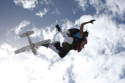 Jumping from a plane in a skydiving tandem